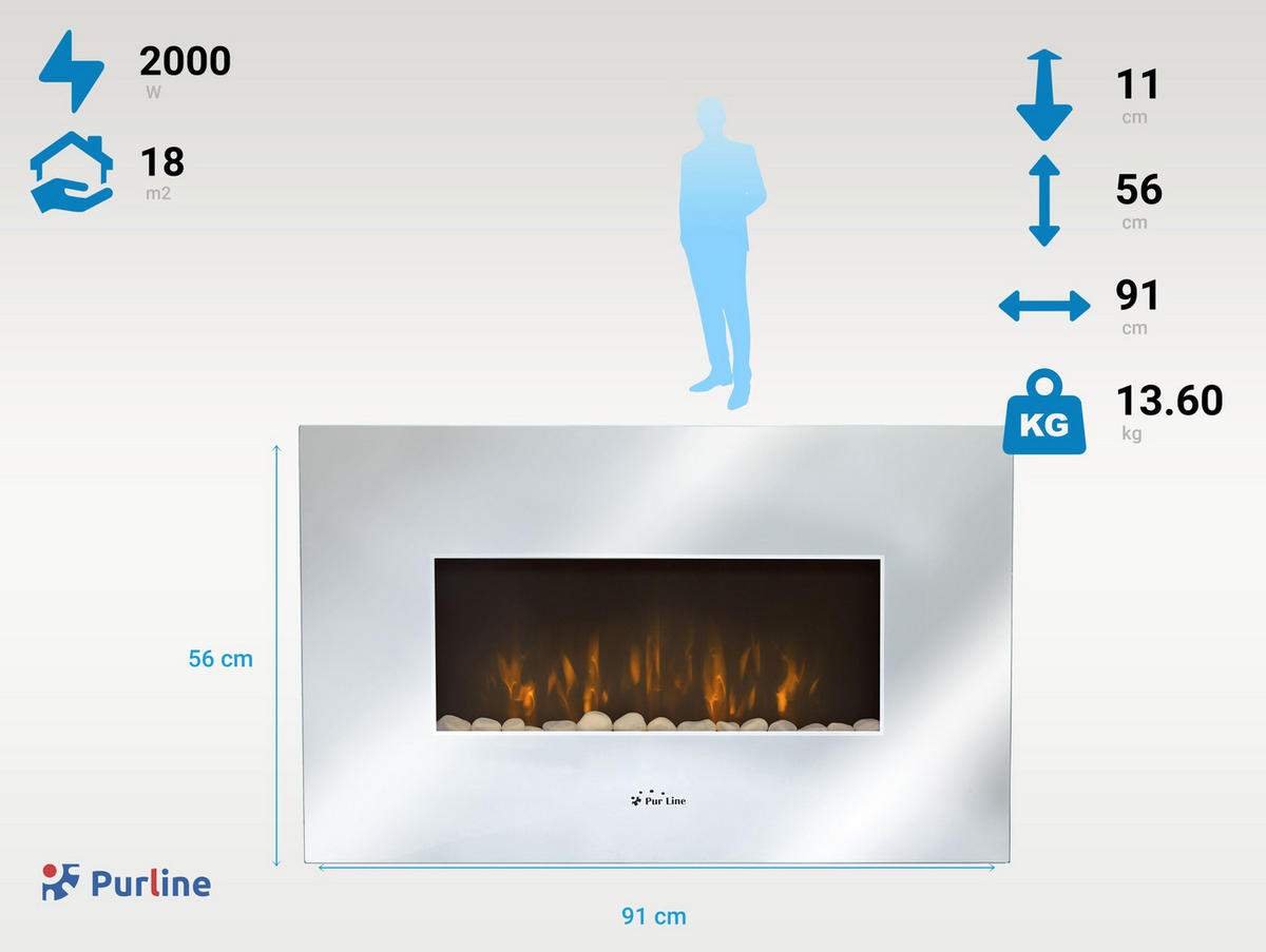 ELEKTROKAMIN Silber Wandmodell mit Heizung 2000 W - Silberfarben, Glas (91/56/11cm) - Purline