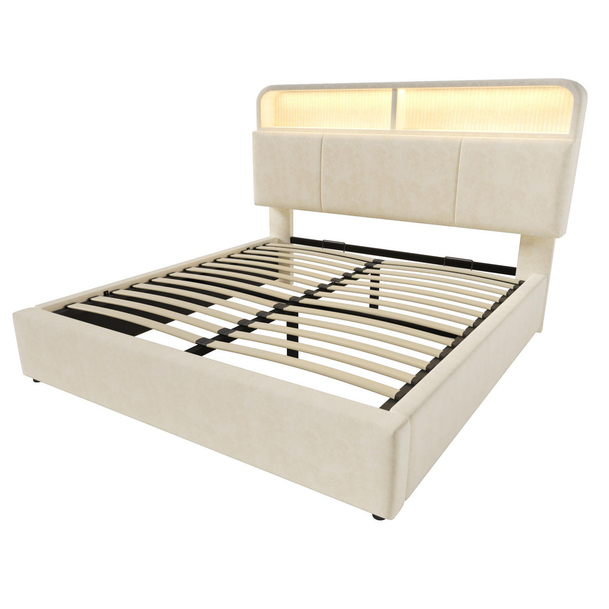POLSTERBETT mit Stauraum 160x200 cm Samt Beige mit LED und USB - Beige, Metall (160/200cm) - Meubliv