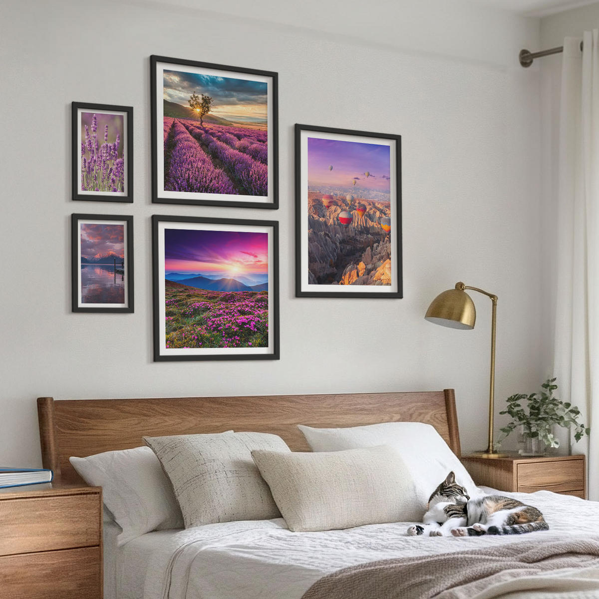 BILDER SET 5er Set - 50x50 cm & 20x30 cm & 40x60 cm Schwarzer Rahmen - Sonnenuntergang auf Lavendelfeldern - Schwarz, Kunststoff (40/60cm) - TULUP