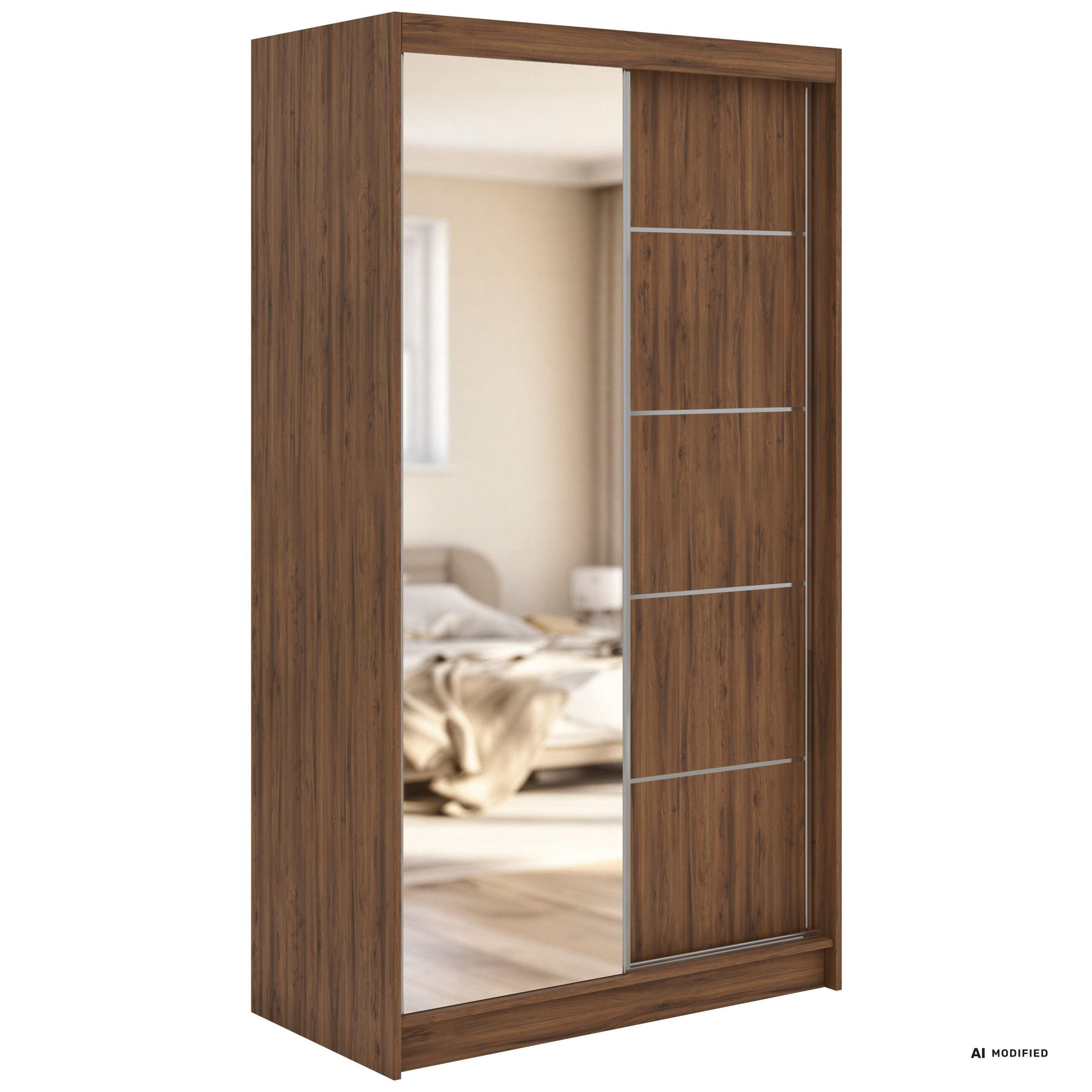 SCHWEBETÜRENSCHRANK 120 - SKORIA - Warmia Walnuss mit Spiegel - Walnussfarben/Alufarben, Holzwerkstoff/Metall (120/216/61cm) - MKS