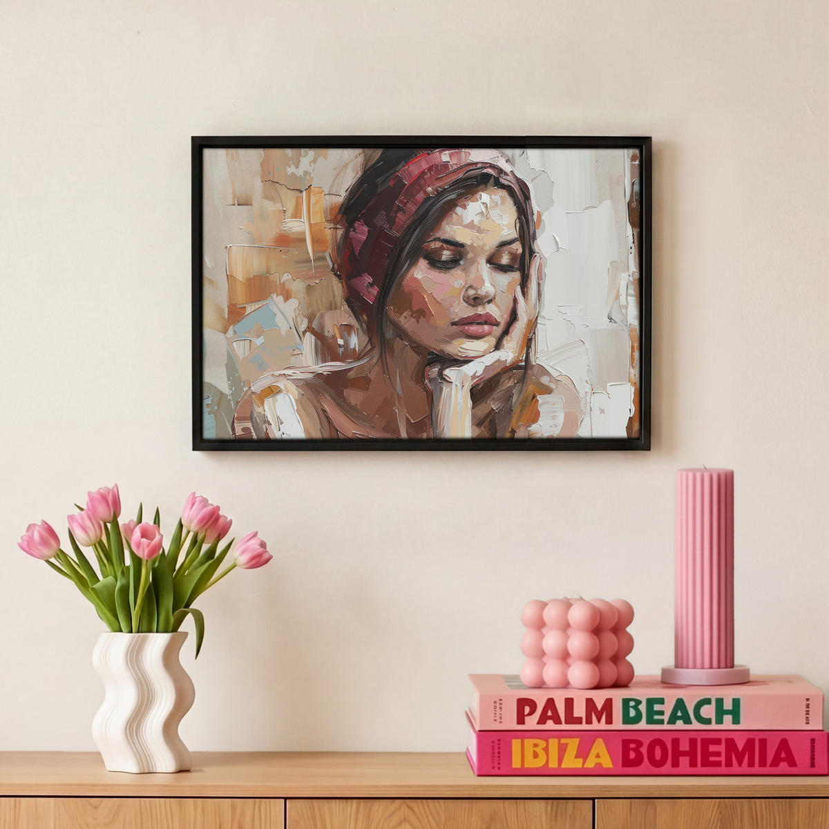 LEINWAND Bilder mit Rahmen - Frau - Lackierung - Porträt - Modern - 30x20 - Altrosa, Textil (30/20cm) - MuchoWow