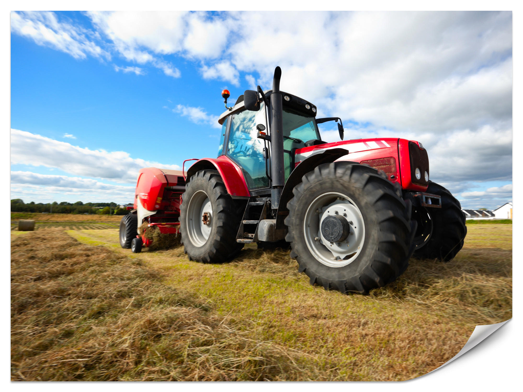 FOTOTAPETA Červený Traktor Pole Žatva Poľnohospodárstvo Rustikálna 300 x 210 cm - hnedá/žltá, papier (300/210cm) - Muralo