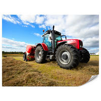 FOTOTAPETA Červený Traktor Pole Žatva Poľnohospodárstvo Rustikálna 300 x 210 cm - hnedá/žltá, papier (300/210cm) - Muralo