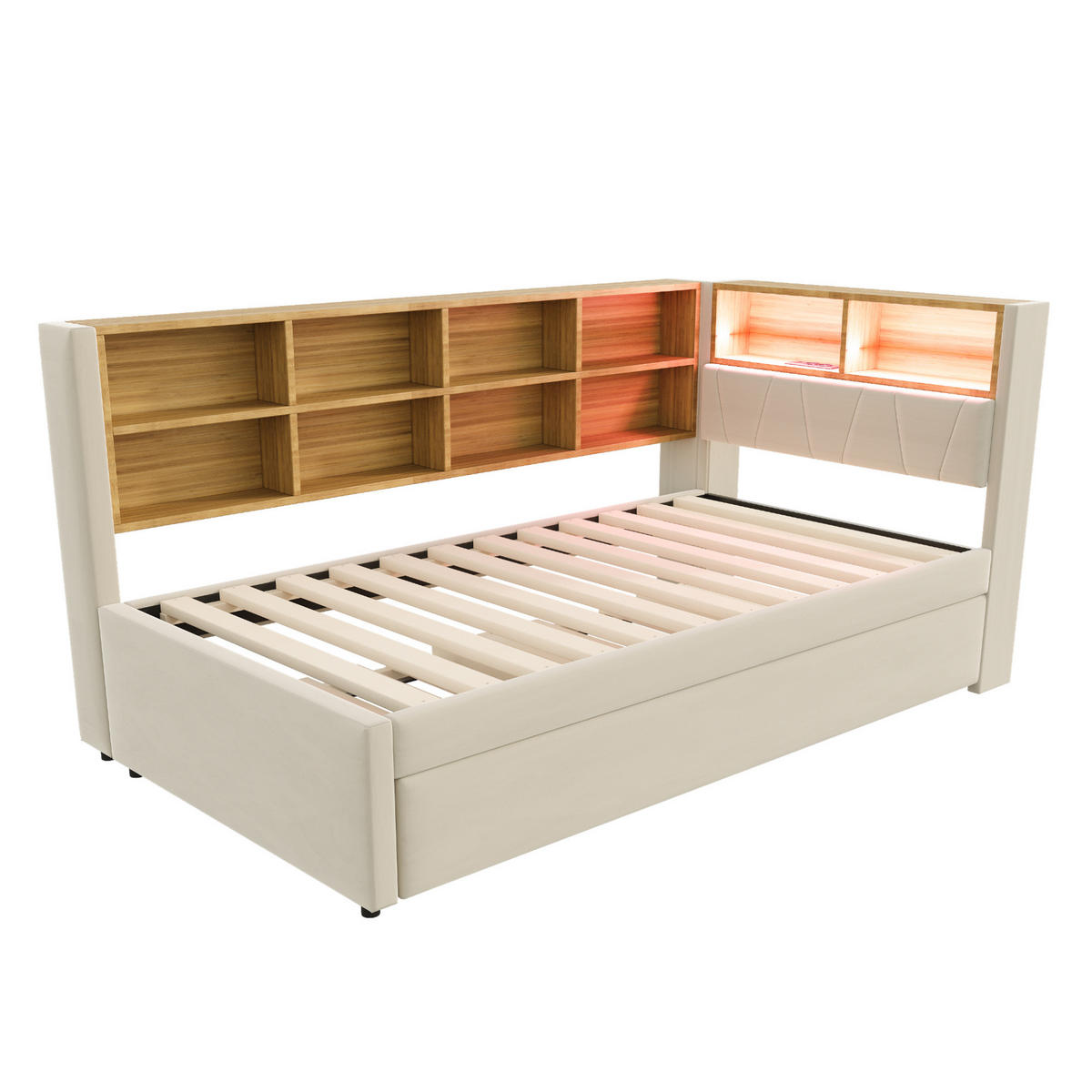 SCHLAFSOFA 90/200 cm mit Ausziehbett 90/190 cm, LED, USB- und Type-C-Anschluss, Stauraum, Flanell, Beige - Beige, Textil (103/98/213cm) - Redom