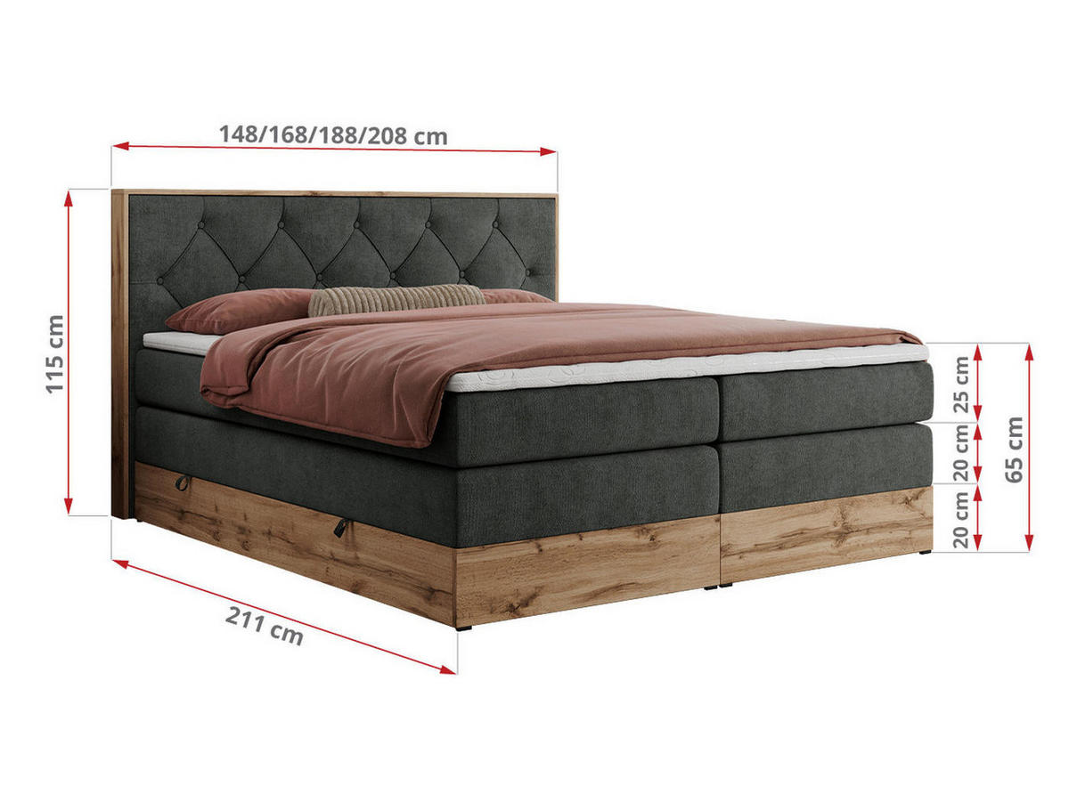 BOXSPRINGBETT VENETO KING 140/200 Dunkelgrau Struktur - H4 - Dunkelgrau, Holz/Textil (140/200cm) - MKS