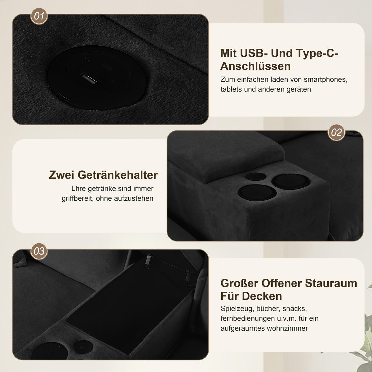 ECKSOFA 224/155/90 cm Schwarz mit Getränkehaltern, Stauraum, USB-Anschluss, 1 Ottomane und 2 Kissen - Schwarz, Textil (224/151cm) - Oxeza