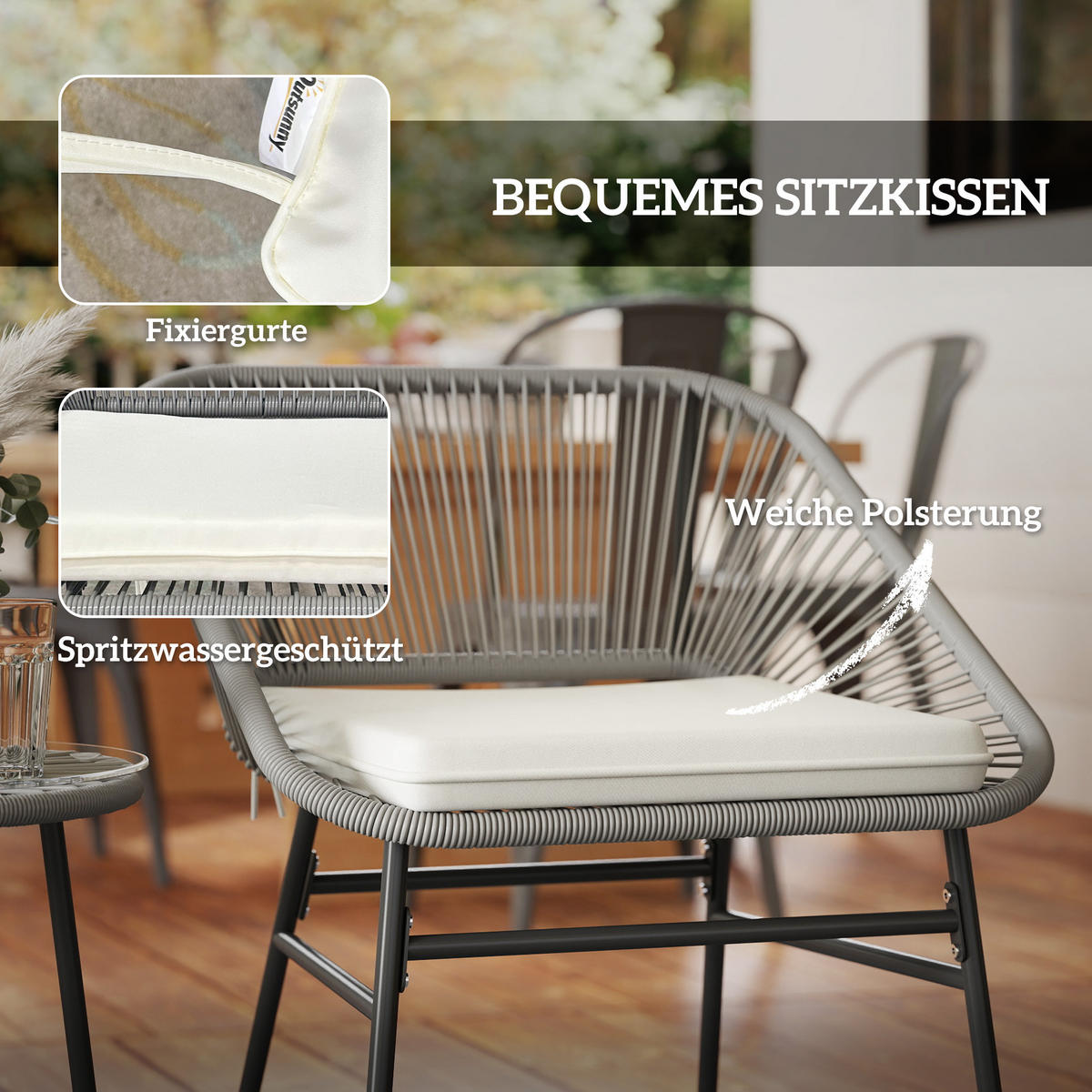 POLYRATTAN GARTENMÖBEL SET 3-tlg. Dunkelgrau für 2 Personen mit 2 Stühlen & Beistelltisch - Grau, Metall - ComfortXL