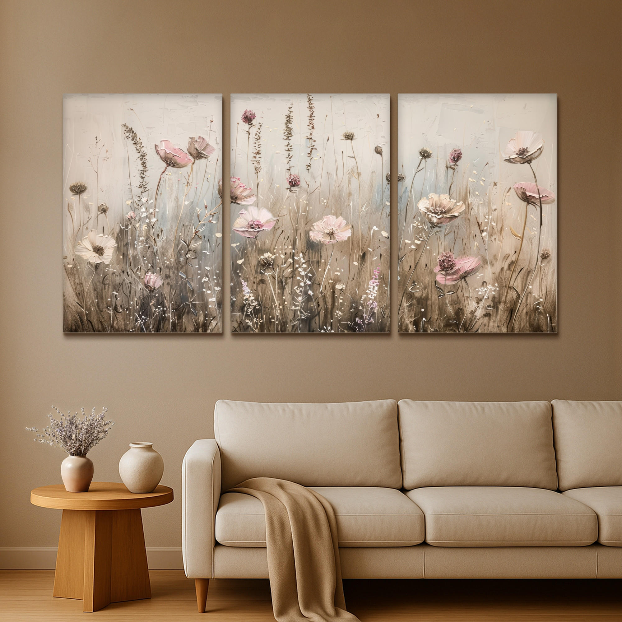 LEINWANDBILD 3er Set Blumen - Beige - Modern - Rosa 240x120 cm - Ecru, Textil (240/120cm) - MuchoWow