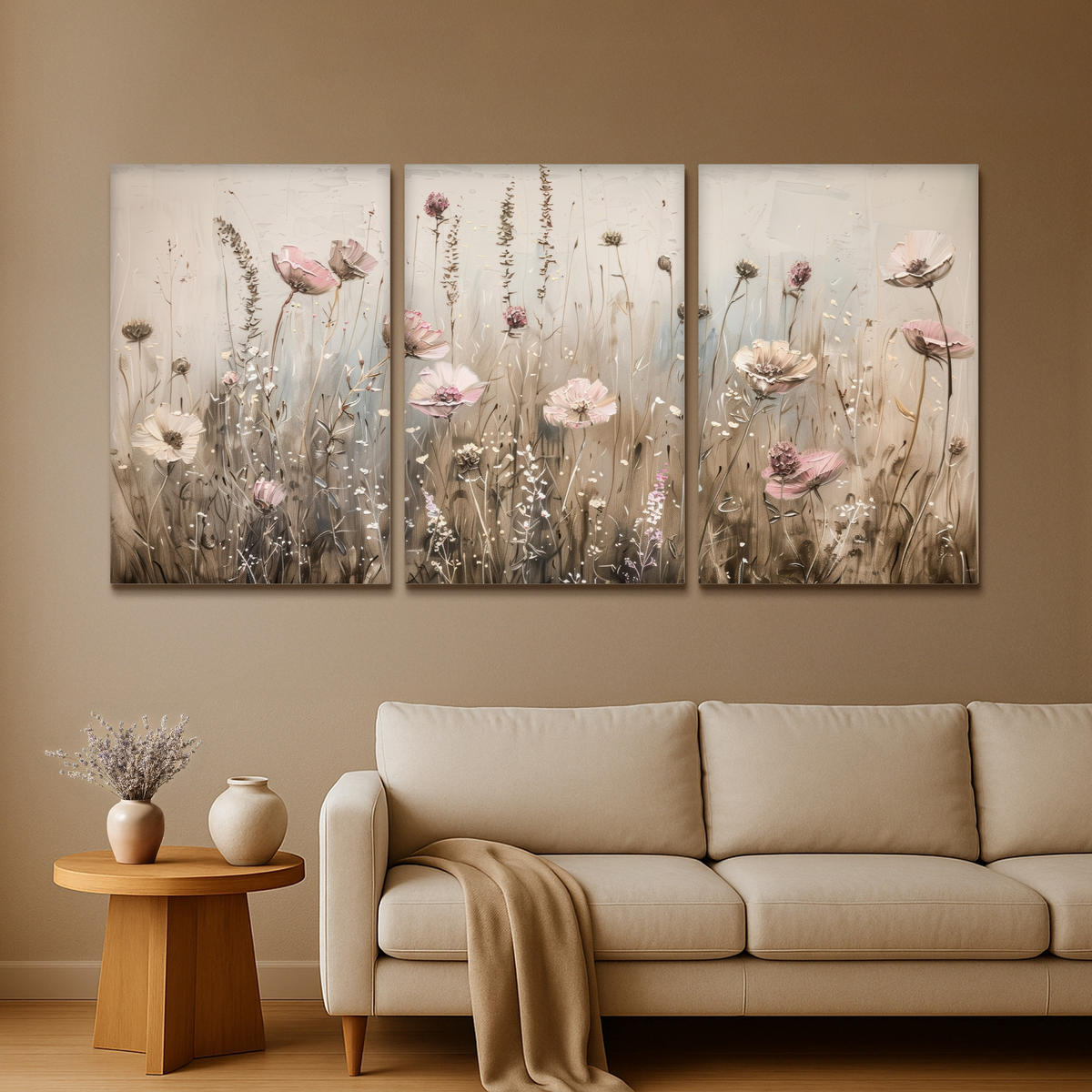 LEINWANDBILD 3er Set Blumen - Beige - Modern - Rosa 240x120 cm - Ecru, Textil (240/120cm) - MuchoWow