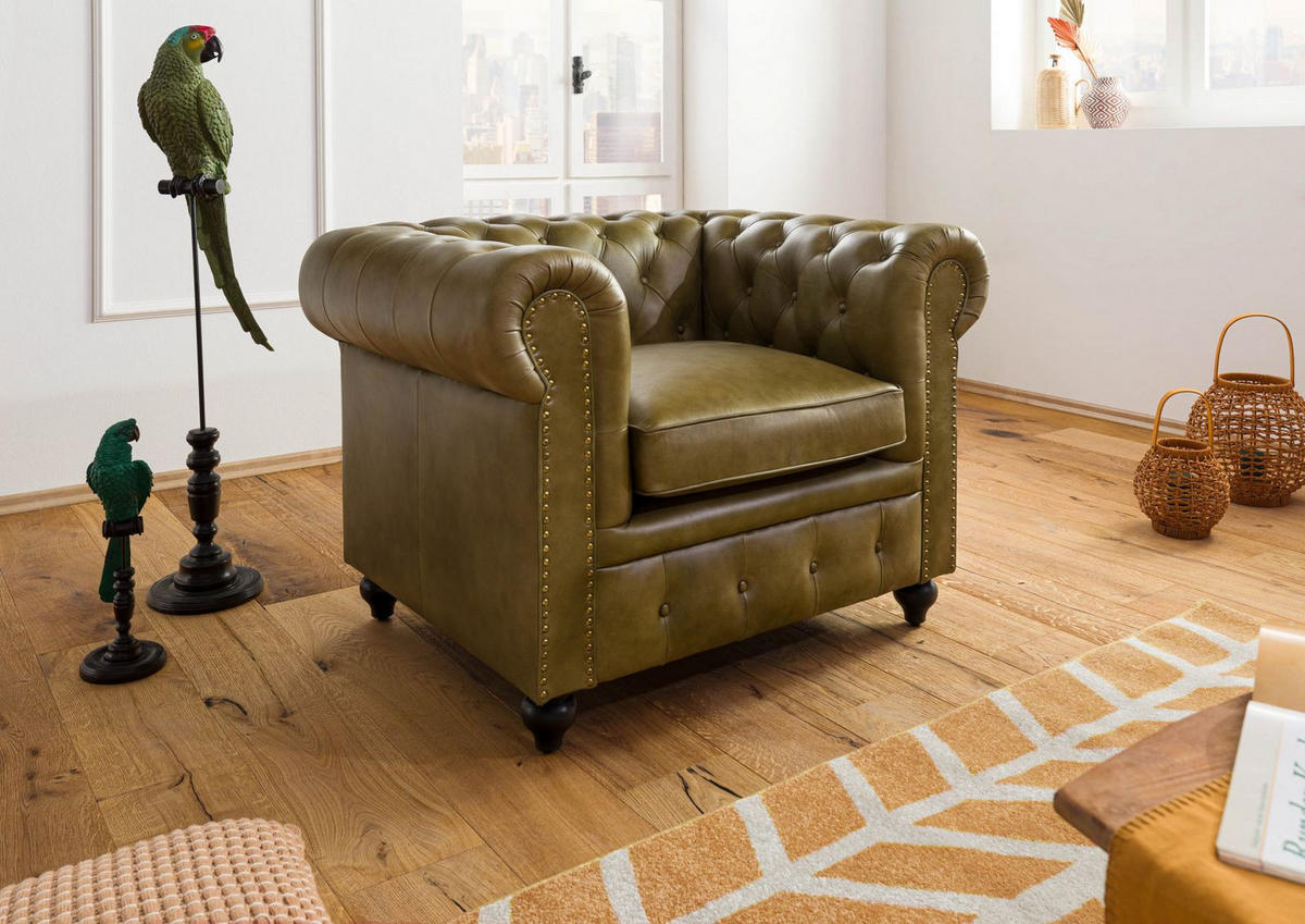 SESSEL Echtleder 105x82x75 grün CHESTERFIELD #302 - Grün, Leder (105/75/82cm) - Massivmoebel24