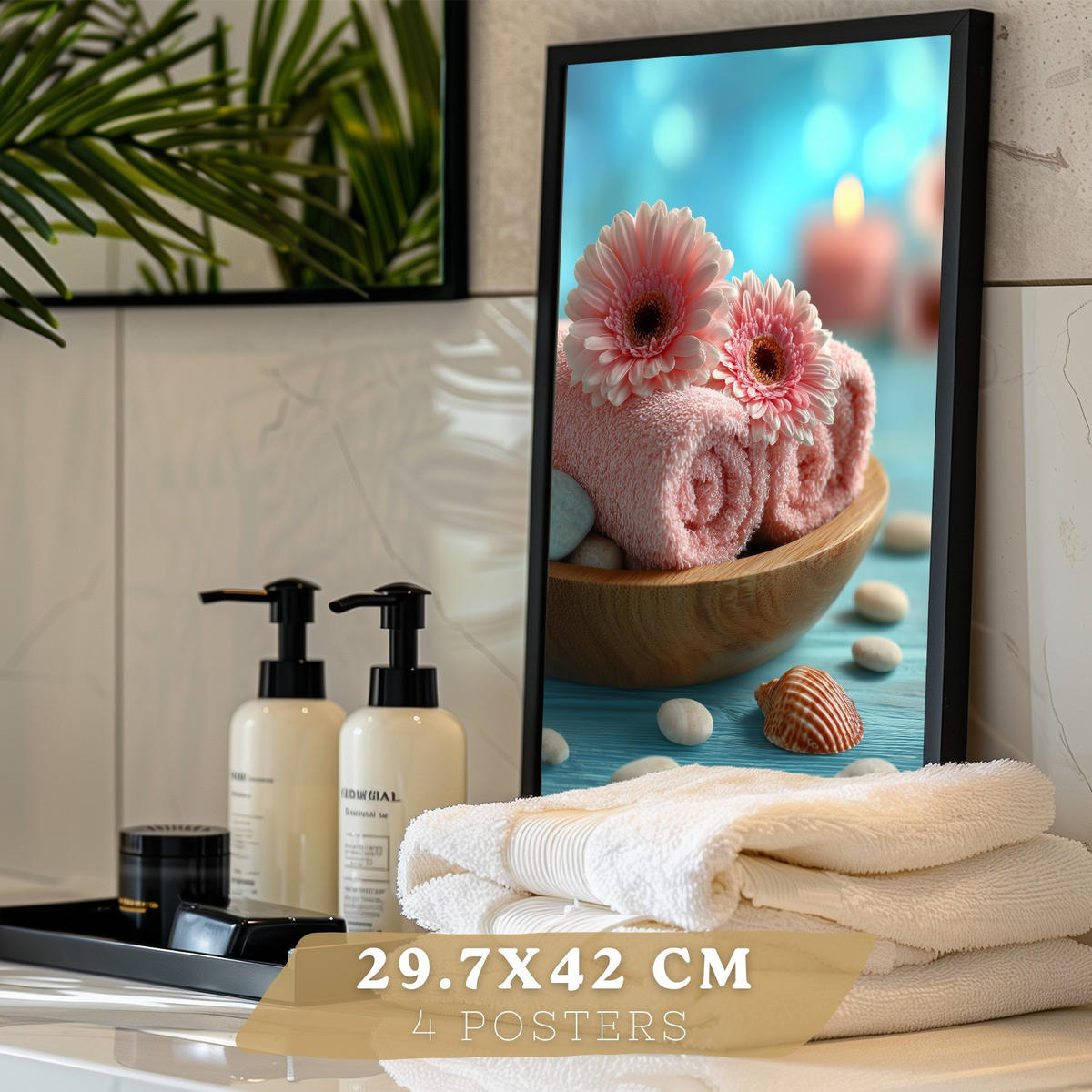POSTER 4er-Set Badezimmer-Wandposter, Strand-Spa-Poster für Waschbecken, Dusche, WC mit Muscheln, Kerzen, Handtüchern und Meersalz Rahmenlos A3 - Klar, Papier (42/29.7/3cm) - Nacnic