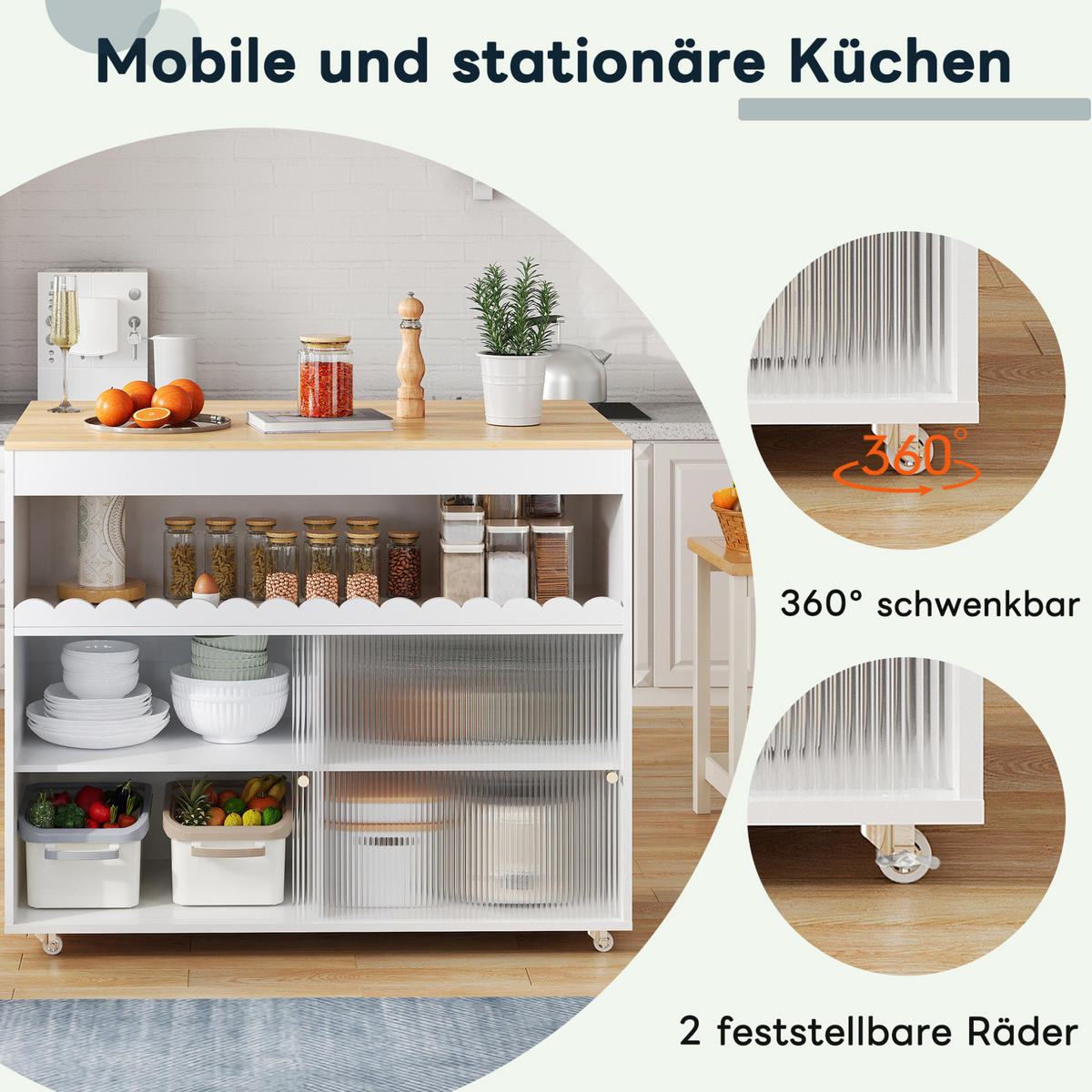 KÜCHENINSELWAGEN mit klappbarer Arbeitsplatte 122 x 46(69) x 91 cm Weiß/Natur - Weiß, Holz (46/91/122cm) - Beauniv