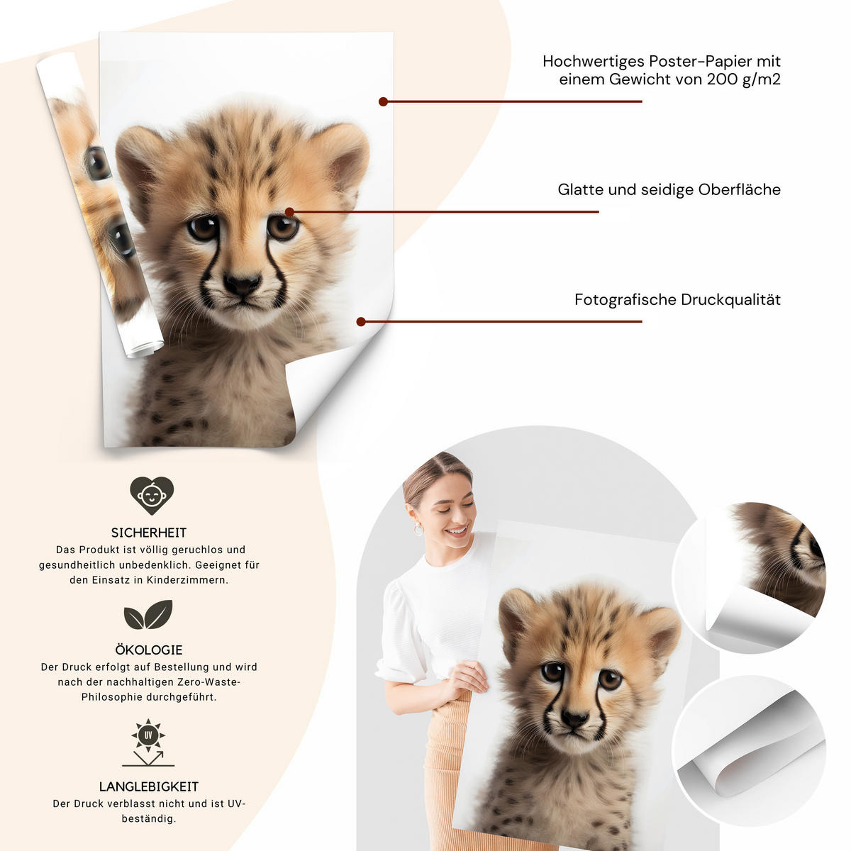 POSTER SET ohne Rahmen für Kinderzimmer WILDTIERE Giraffe Gepard Zebra A4 21x30cm - Gelb/Schwarz, Papier (21/30/1cm) - Muralo