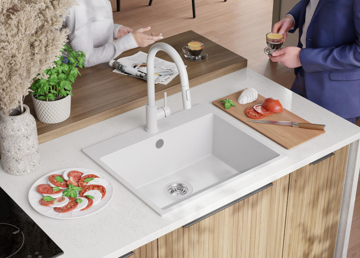 GRANITSPÜLE Riga, 2-er set Weiß 58/50 cm 1 Becken + Küchenarmatur 32/20 cm + Ablauf-Set ab 60er Unterschrank - Chromfarben/Weiß, Kunststoff (58/20/50cm) - Primagran