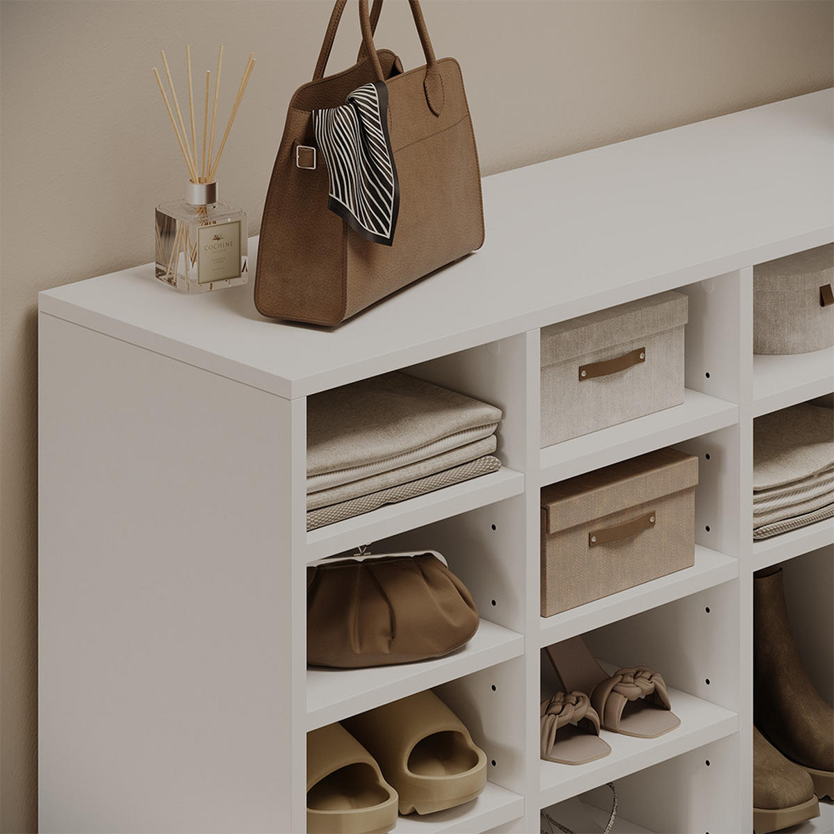 SCHUHSCHRANK Hermia, Weiß, 104.2 x 99 cm mit 16 offenen Fächern - Weiß, Holzwerkstoff (104.2/99/32.1cm) - Vicco