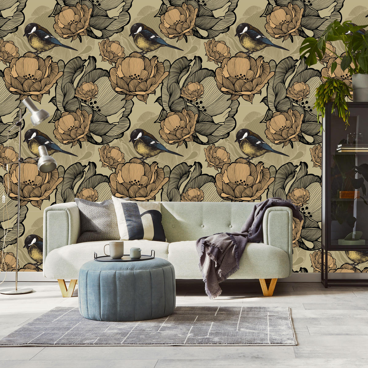 VLIESTAPETE Vögel und Vintage-Blüten – Beige, Braun, Schwarz – 50x1000 cm - Beige/Schwarz, Papier (50/1000cm) - Muralo