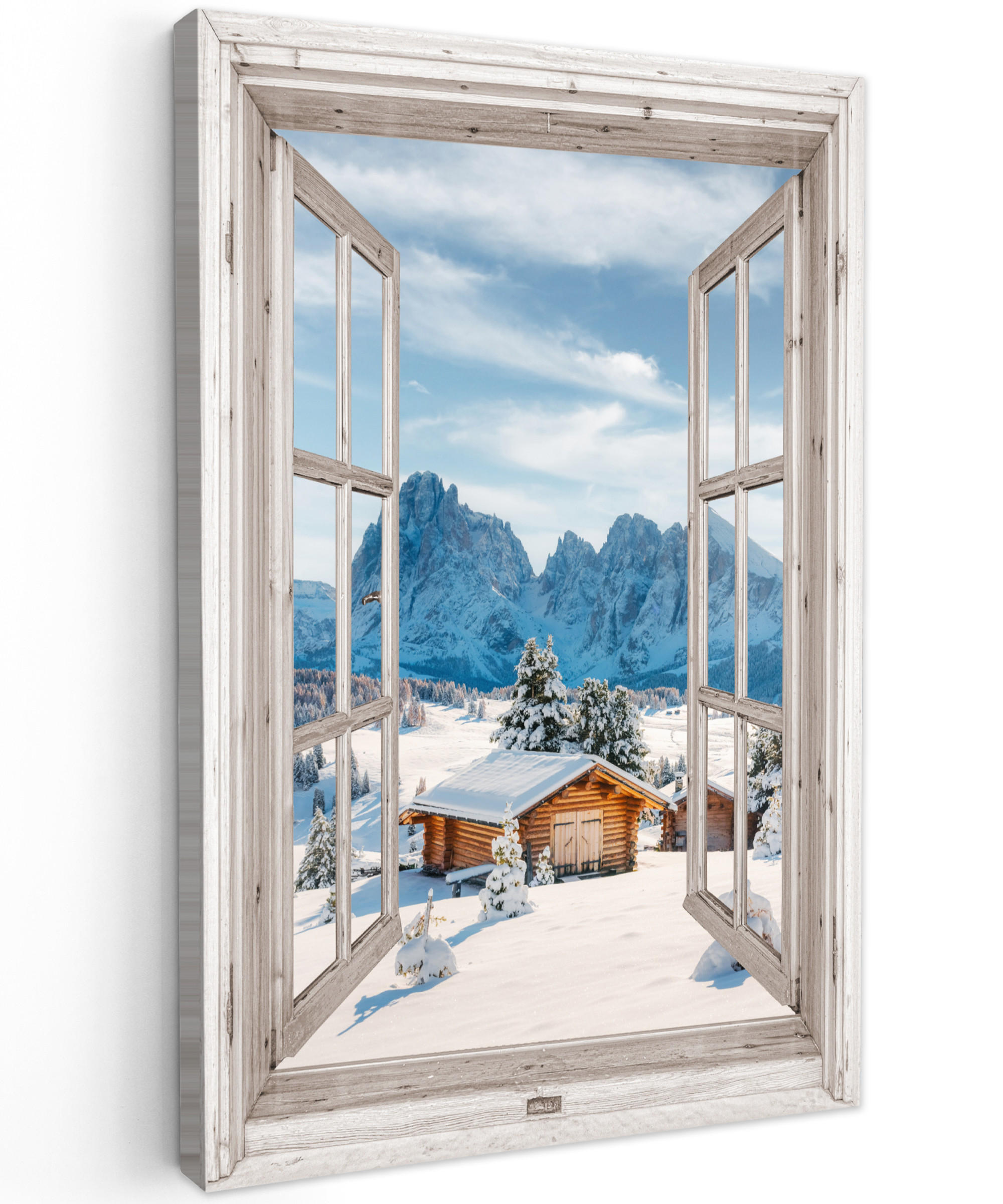 LEINWANDBILD Winterlandschaft - Hütte - Berge - Ausblicke - Aussicht - Natur 80x120 cm - Weiß Hochglanz, Textil (80/120cm) - MuchoWow