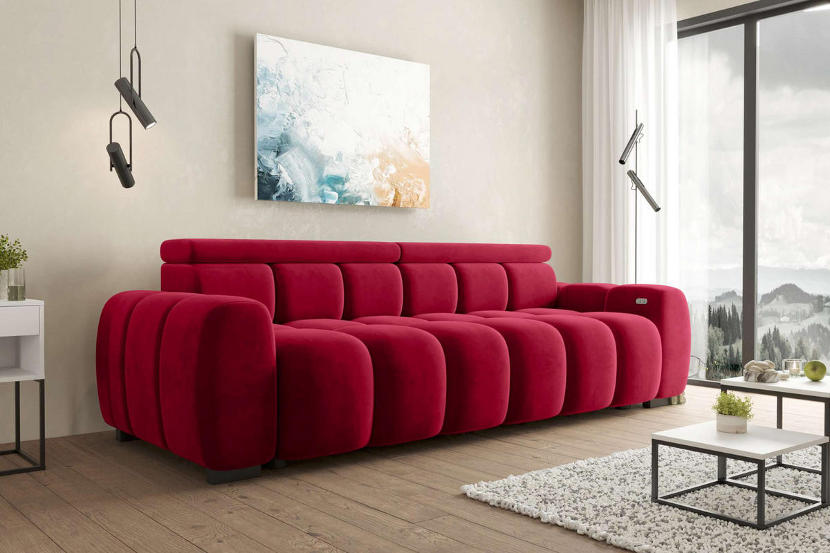 BIGSOFA ALESSIO Velours Rot mit elektrischer Sitztiefenverstellung - Rot, Kunststoff/Textil (248/77/108cm) - 99rooms