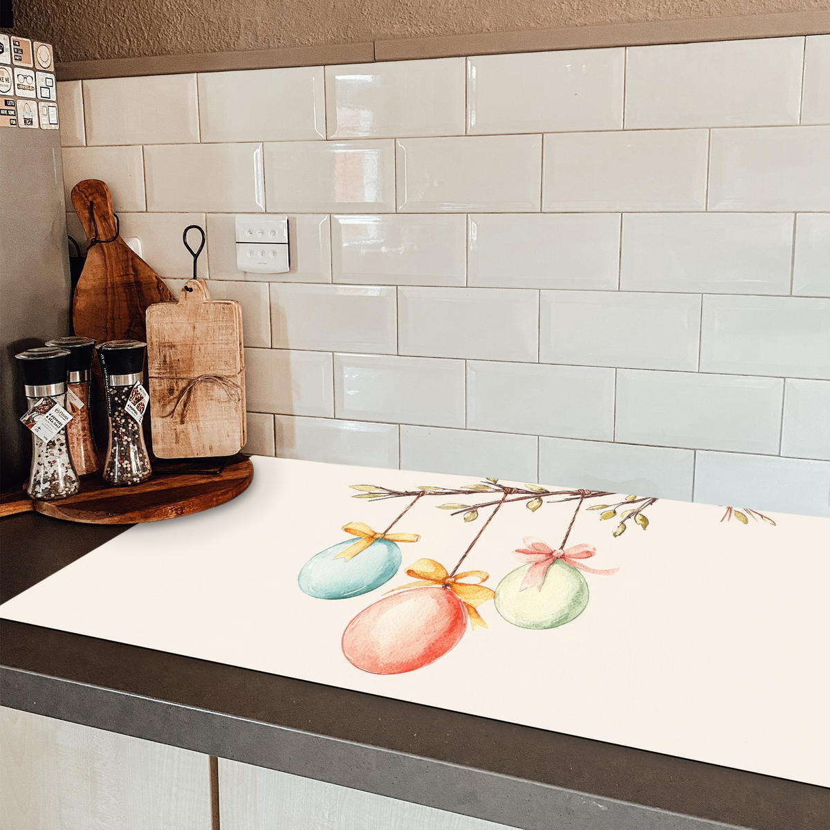 HERDABDECKPLATTE Osterkuchen - Schleife - Eier Induktionsschutz 91.6x52.7 cm - Creme, Kunststoff (91.6/52.7/0.2cm) - MuchoWow