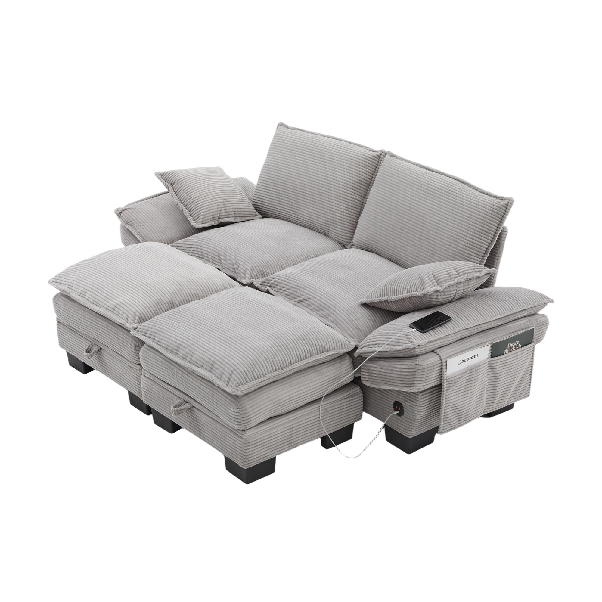 2-SITZER SOFA Cord Hellgrau mit Hocker und USB-C - Hellgrau, Holzwerkstoff/Kunststoff (190/84/132cm) - WISHDOR
