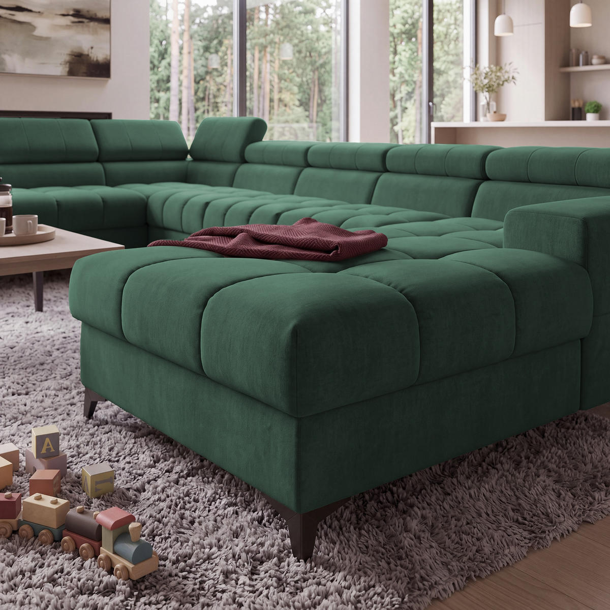 ECKSOFA PUDDING MAXI U Links mit Schlaffunktion 125x330 Velours Grün - Schwarz/Grün, Holz/Textil (203/421cm) - Muffo