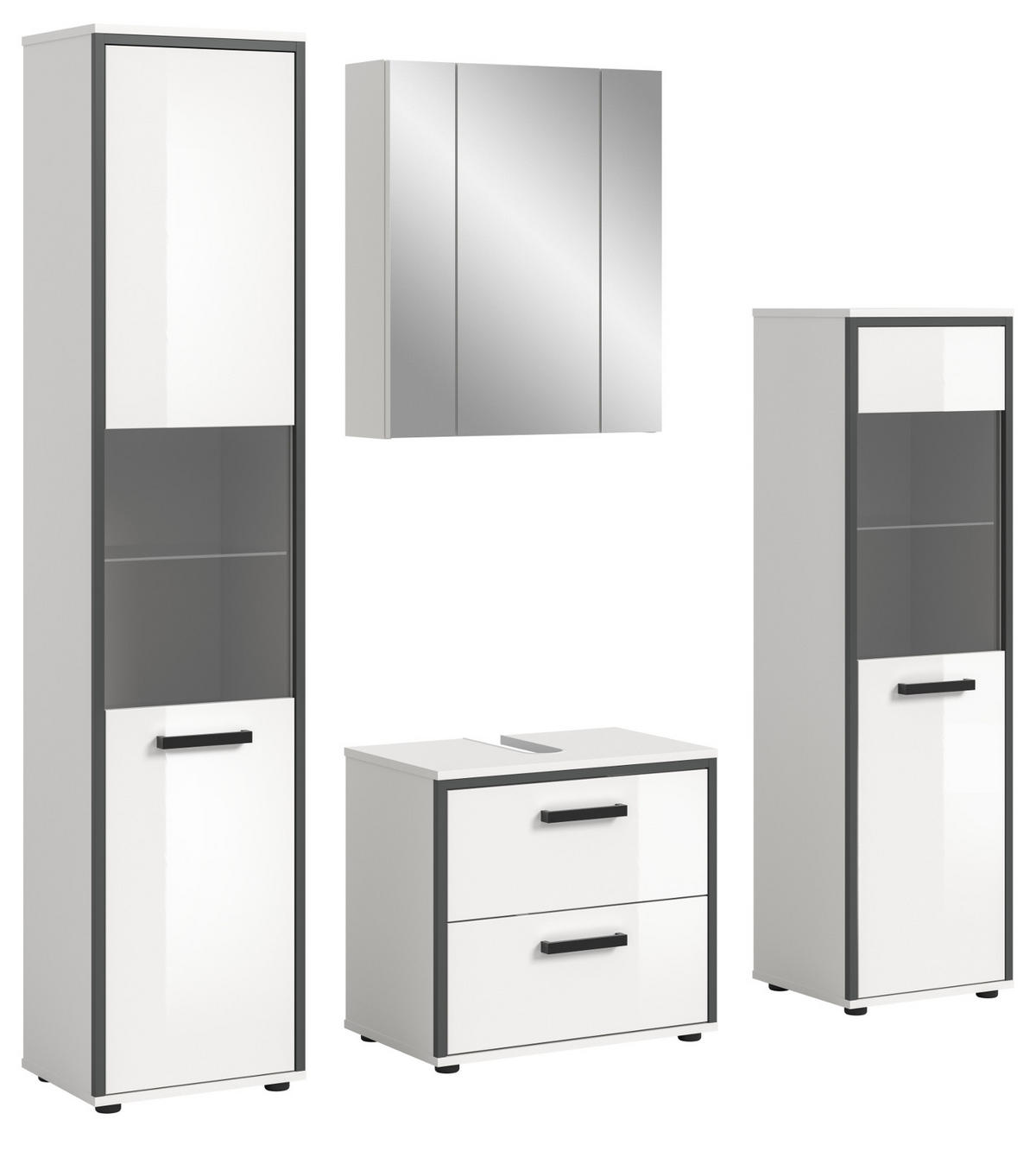 BADMÖBEL-SET weiß Hochglanz, grau 4-teilig 170 x 188 cm, Komplettset mit viel Stauraum - Weiß Hochglanz/Schwarz, Glas/Holzwerkstoff (170/188/37.5cm) - Inn.Furn