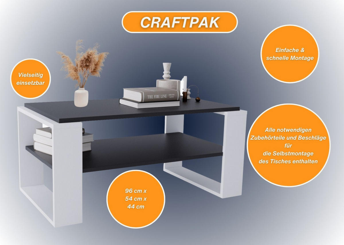 COUCHTISCH Holzwerkstoff rechteckig stabil Schwarz-Weiß 42/54/96cm - Schwarz/Weiß, Holzwerkstoff (53.8/96/42cm) - CraftPAK