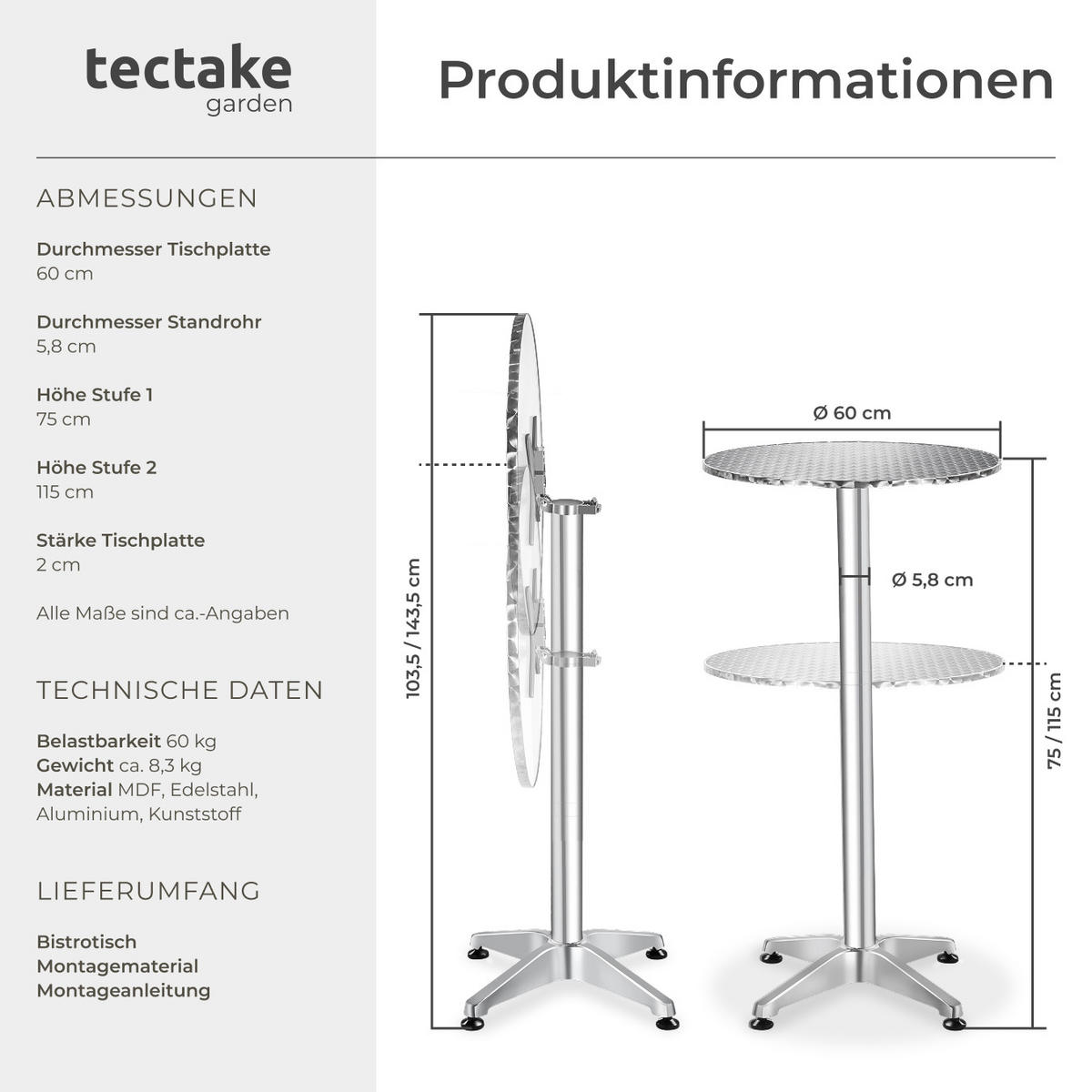 STEHTISCH Viktor,60 x 75/115 cm,grau - Grau, Metall (60/114/60cm) - tectake