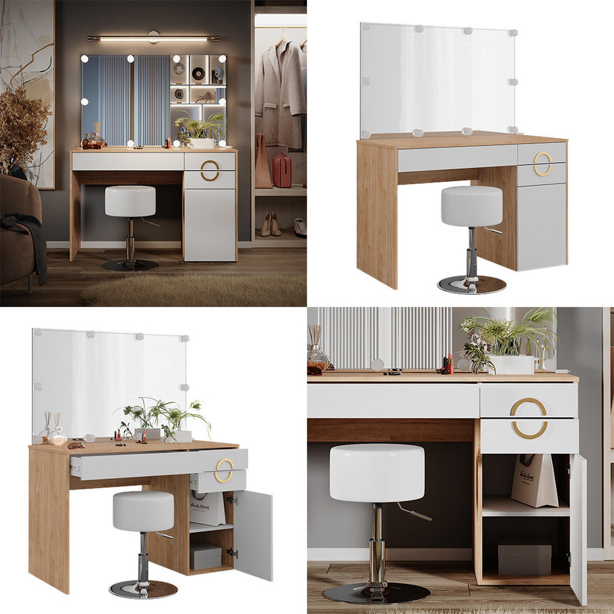 SCHMINKTISCH Adela Natural Rockford Hickory 115 cm LED-Beleuchtung und Hocker - Weiß/Sonoma Eiche, Holzwerkstoff (115/76.4/55cm) - Vicco