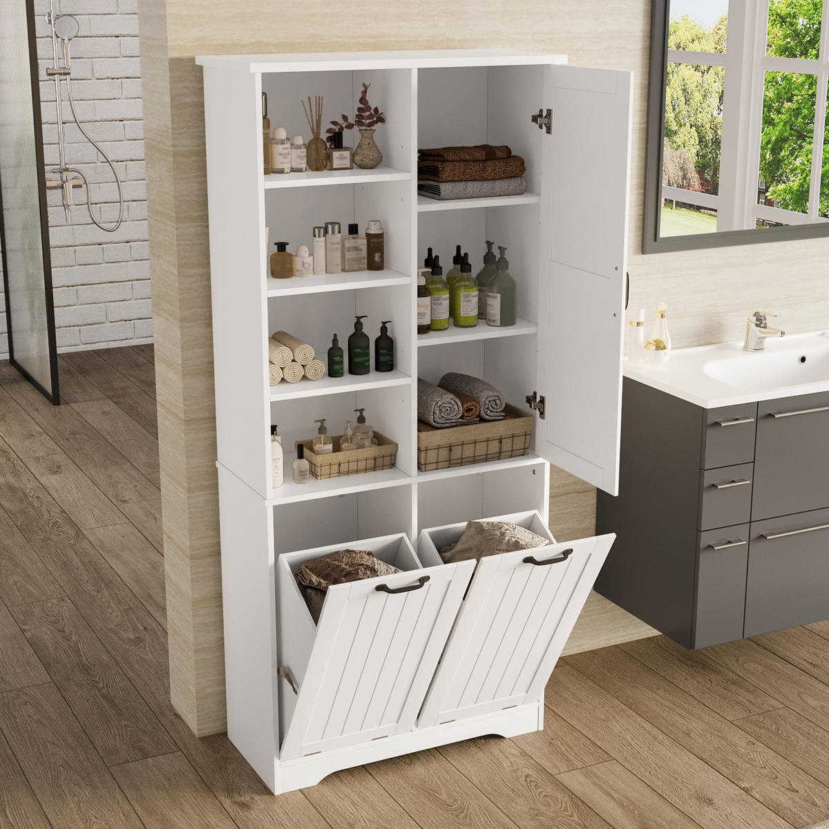 HOCHSCHRANK 78/35/172,7 cm aus MDF mit doppeltem Wäschekorb Weiß - Weiß, Holzwerkstoff (78/172.7/35cm) - Modenvie
