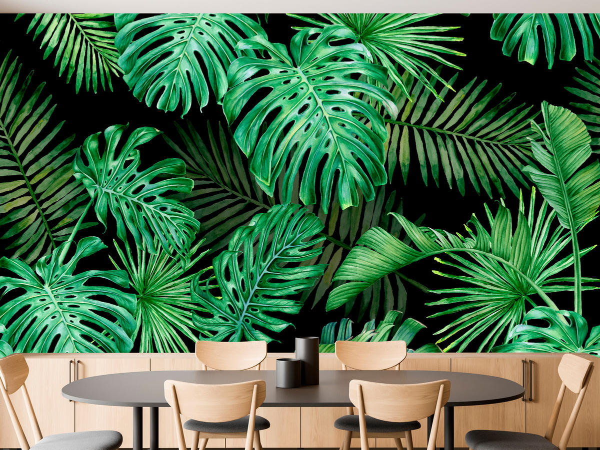 FOTOTAPETE für Schlafzimmer Exotische Grüne Monstera Palmen 500x350 - Schwarz/Grün, Papier (500/350cm) - Muralo