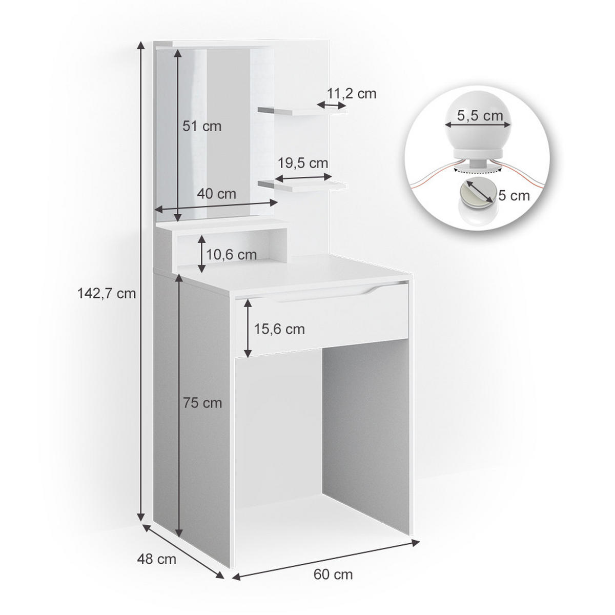 SCHMINKTISCH Ruben Weiß 60 cm mit LED Beleuchtung - Weiß, Holzwerkstoff (60/142.7/48cm) - Vicco