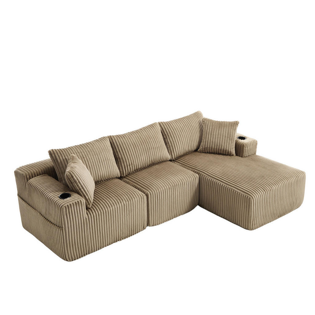 Redom MODULÁRNÍ pohovka 257/90-160/62 cm z manšestru s lenoškou, 5 polštáři, bočními kapsami a držáky nápojů, Khaki