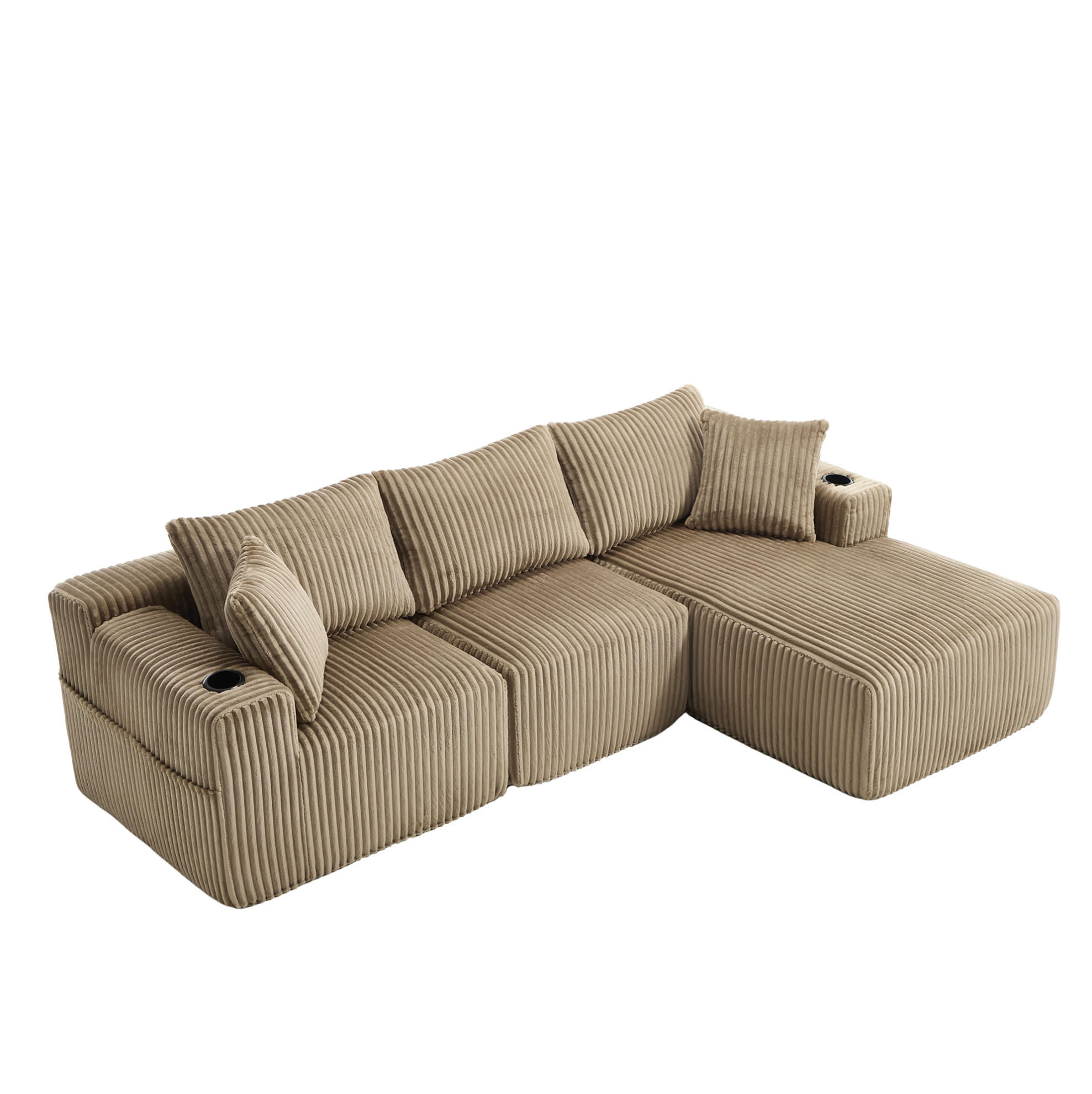 MODULARES Sofa-Set Cord mit Chaiselongue und 2-Sitzer Getränkehalter und Seitentaschen 257/90 160/62 cm Sandfarben - Sandfarben, Textil (160/257cm) - Redom
