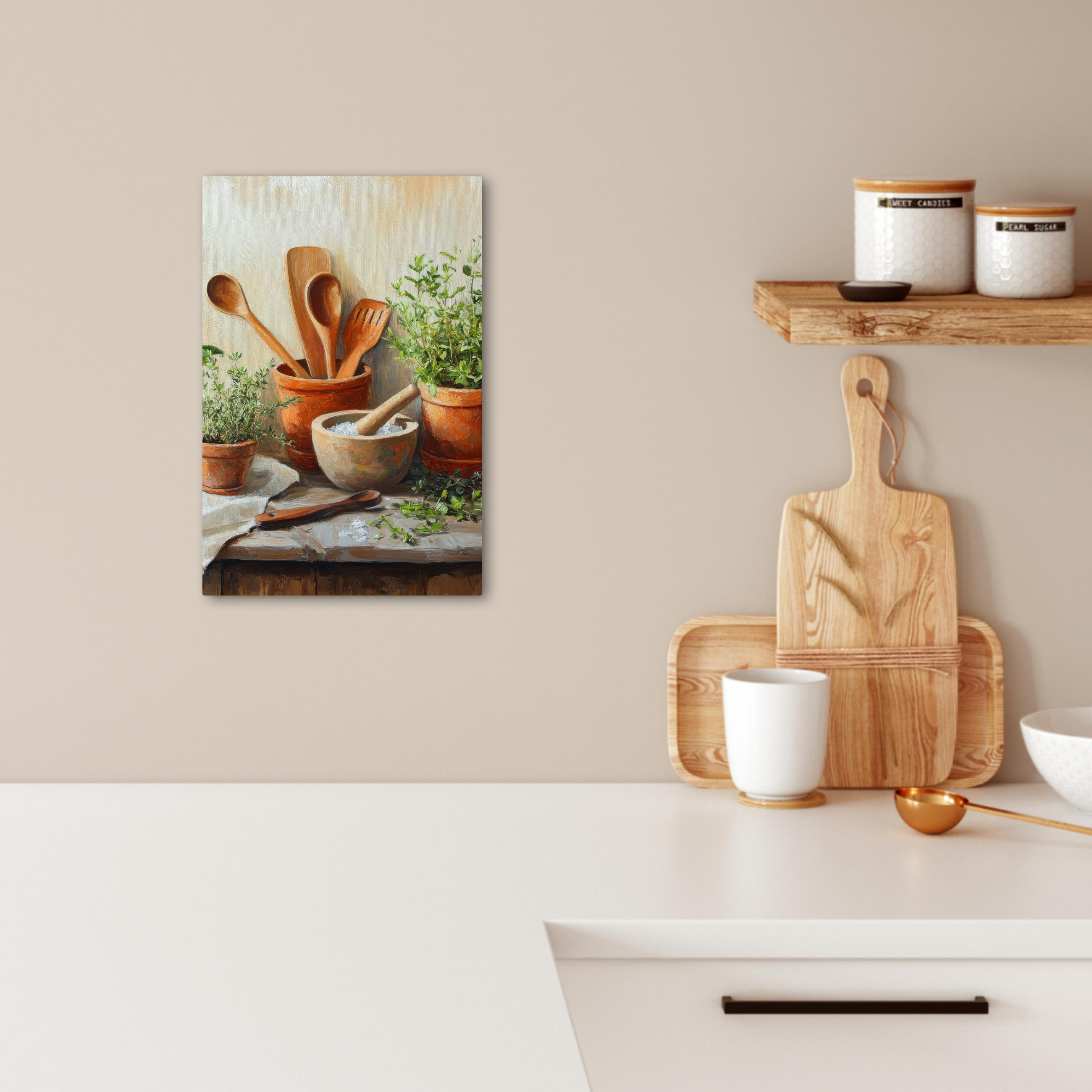 LEINWANDBILD Töpfe - Kräuter - Holz 20x30 cm - Terracotta, Textil (20/30cm) - MuchoWow