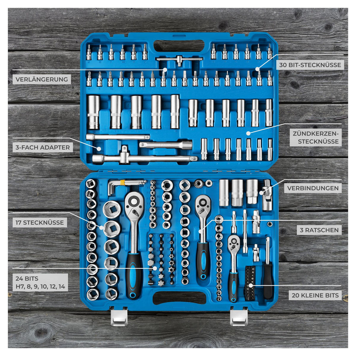 STECKSCHLÜSSELSATZ, übersichtliche Anordnung im Kunststoffkoffer, blau - Blau, Metall (46.5/33.5/9cm) - tectake