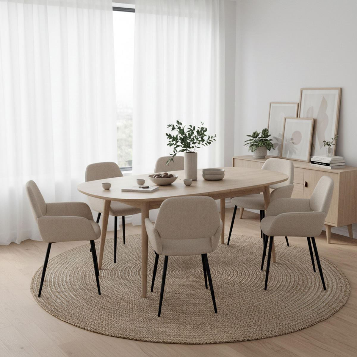 TISCHGRUPPE 7-teilig Ovaler Ausziehtisch Eiche-Optik & 6x 360° Drehstühle Beige - Schwarz/Eiche San Remo, Holzwerkstoff/Textil (160/75/80cm) - Urban Meuble