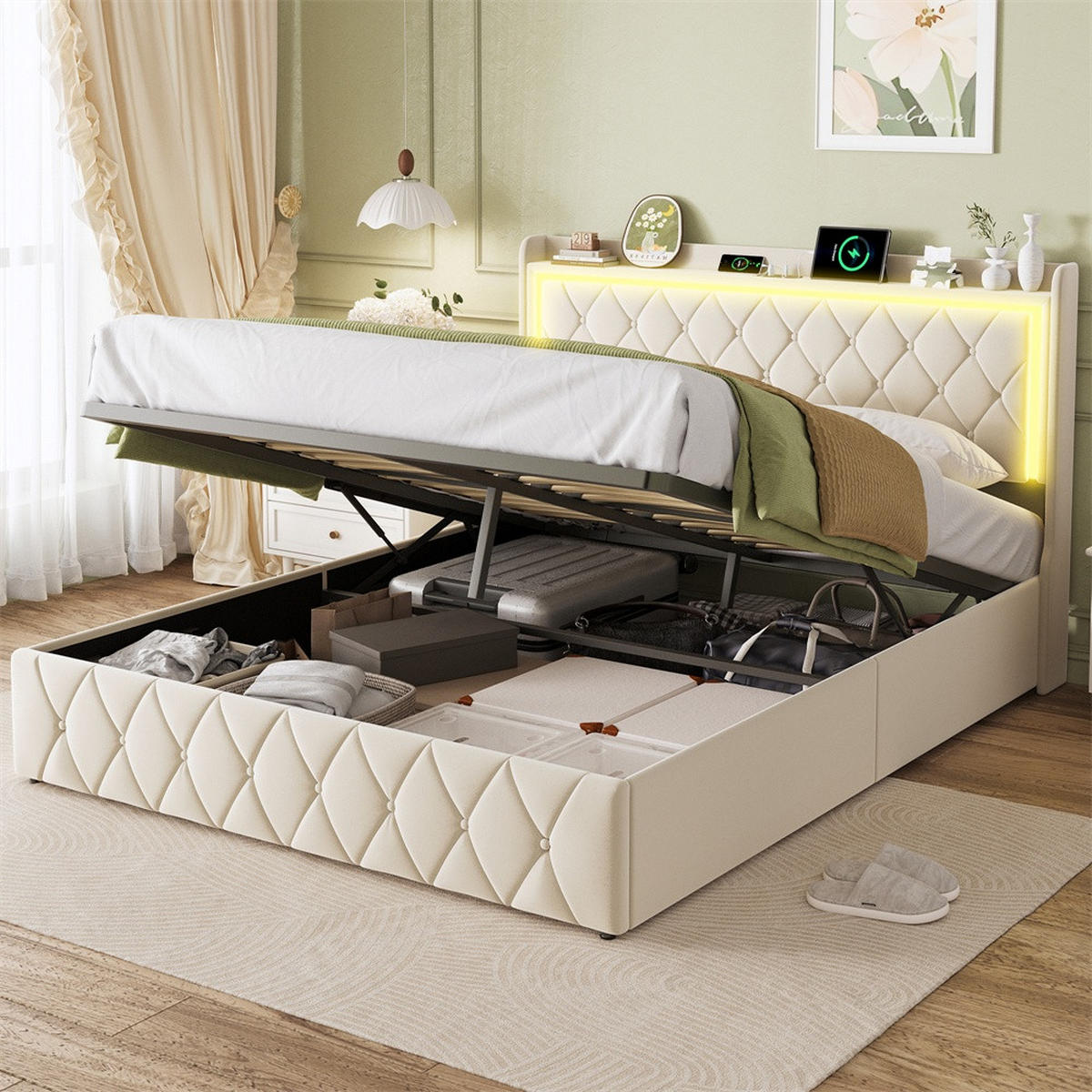 POLSTERBETT 140x200cm mit hydraulischem Stauraum - LED Beleuchtung & Ladefunktion - ohne Matratze - Beige - Beige, Textil (140/200cm) - DELFA