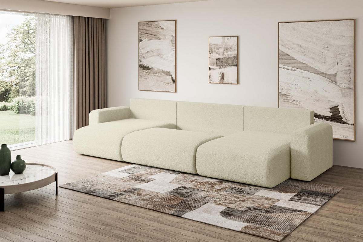 WOHNLANDSCHAFT mit Schlaffunktion und Bettkasten ORRO-U - 362x145x83 cm Beige Bouclé - Beige/Schwarz, Holzwerkstoff/Kunststoff (362/83/145cm) - ALTDECOR