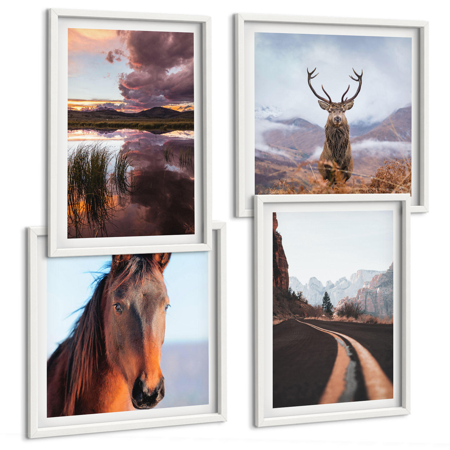 BILDER SET 4er Set - 50x50 cm & 40x60 cm Weißer Rahmen - Berglandschaften, Rentiere, Pferdestraße - Weiß, Kunststoff (50/50cm) - TULUP