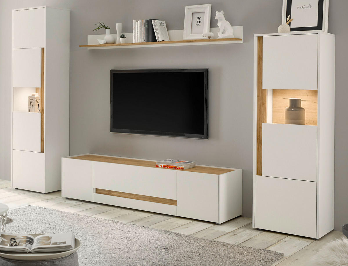 WOHNWAND weiß, Eiche Wotan 4-teilig 310 cm, Wohnkombination modern - Eiche Wotan/Schwarz, Glas/Holz (310/197/45cm) - Furn.Design