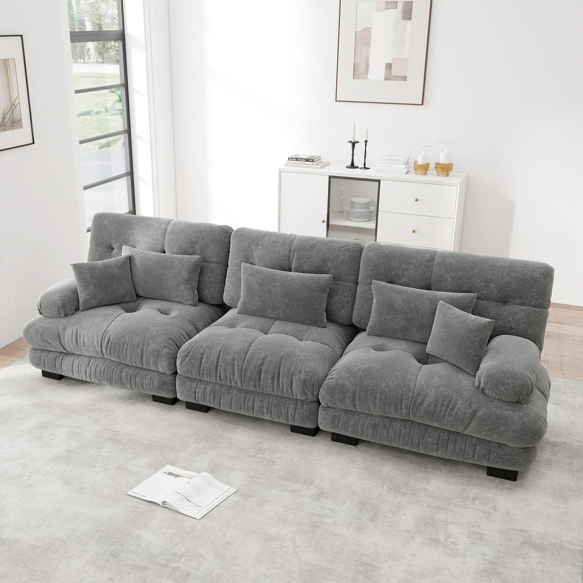Sofa Stoff – 3-Sitzer mit Kissen - Grau, Holzwerkstoff/Textil (313/81/77cm) - Urban Meuble