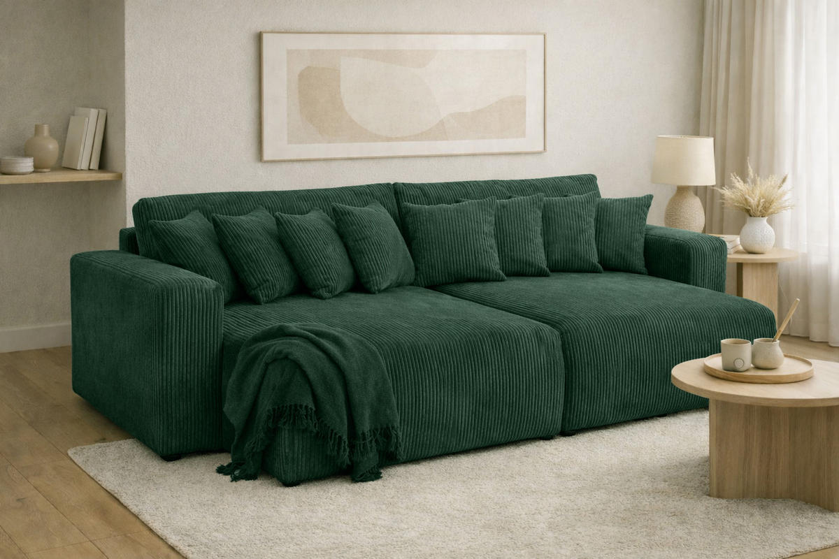 SCHLAFSOFA, Cordstoff Poso, Hellgrau, PIANO DOUBLE - Grün, Holz (246/83/145cm) - Kaiser Möbel