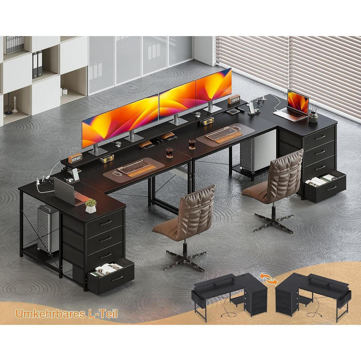 SCHREIBTISCH L Form mit Schubladen 140 x 80 cm Schwarz - Schwarz, Holzwerkstoff (140/80/87cm)