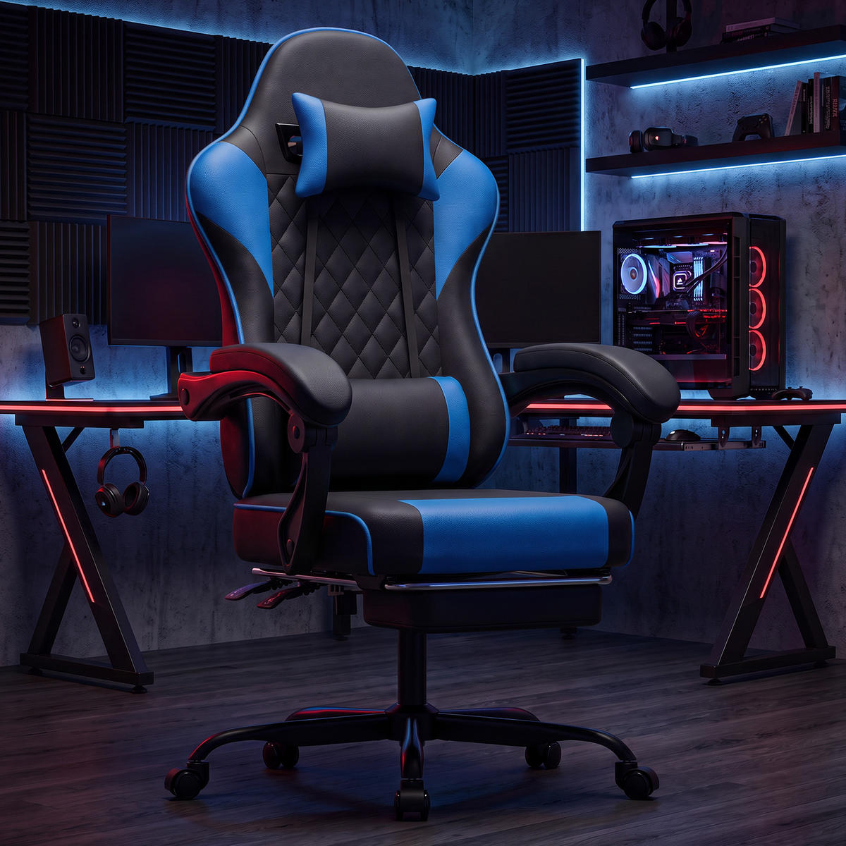 GAMINGSTUHL DE-40998 mit Lordosenstütze und Fußstütze Schwarz/Blau - Blau, Metall (58.5/120.5/63cm) - ComfortXL
