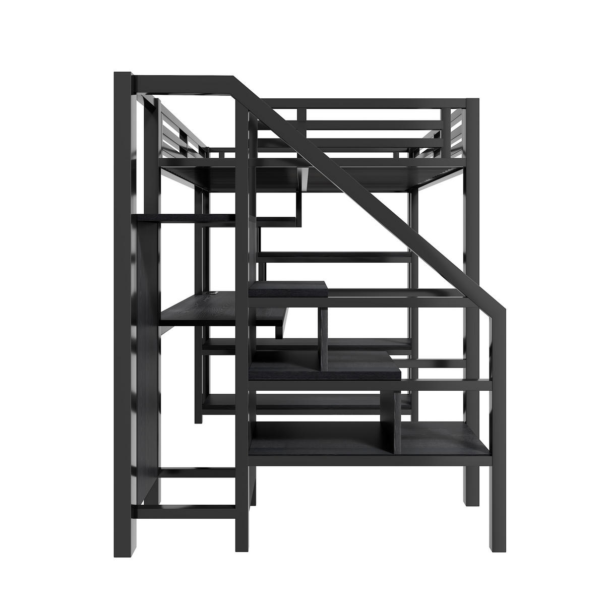 HOCHBETT 140/200 cm schwarz aus Metall mit Treppe und Schreibtisch - Schwarz, Holzwerkstoff (140/200cm) - OKWISH