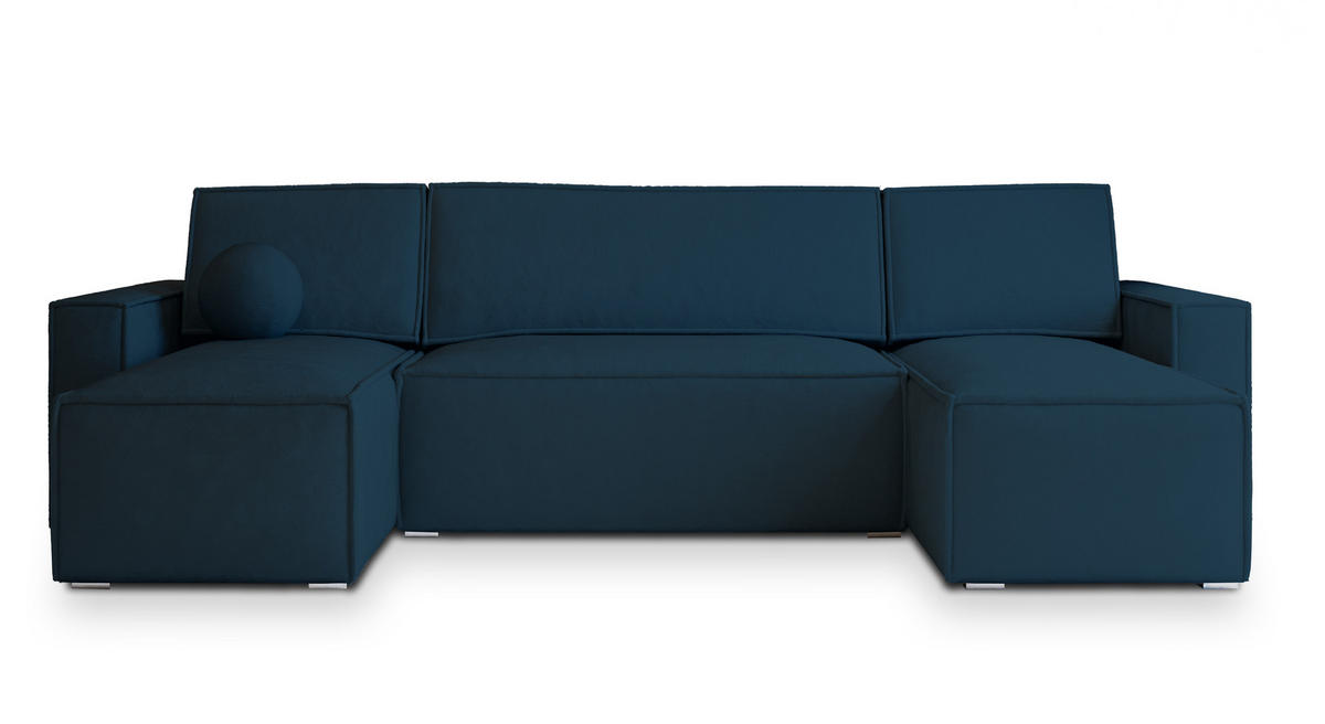 WOHNLANDSCHAFT PESANO M Blau Velours-Stoff mit Schlaffunktion - Blau, Holz (306/85/140cm) - MASSENO