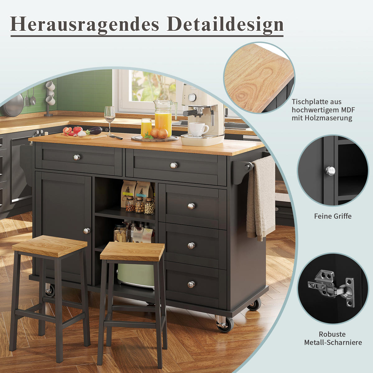 KÜCHENWAGEN mit Rollen 134/46/92 cm Schwarz mit 5 Schubladen, Schrank und Gewürzregal - Schwarz, Holz/Holzwerkstoff (134/92/46cm) - Oxeza