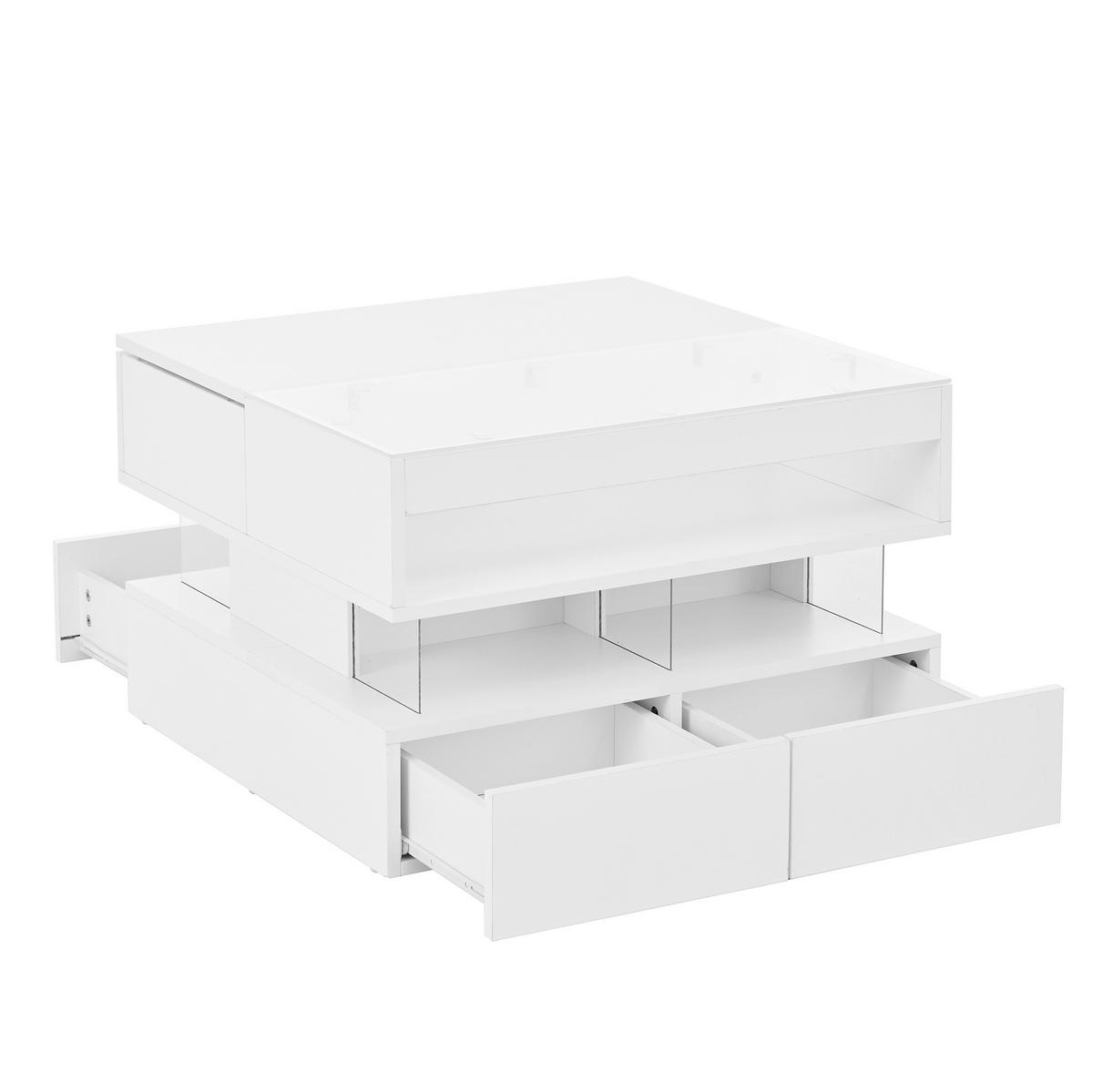 COUCHTISCH aus Spanplatte 70x67x57 cm Weiß mit anhebbarer Glasplatte, LED-Beleuchtung und Stauraum - Weiß, Holzwerkstoff (70/67/57cm) - Modfu
