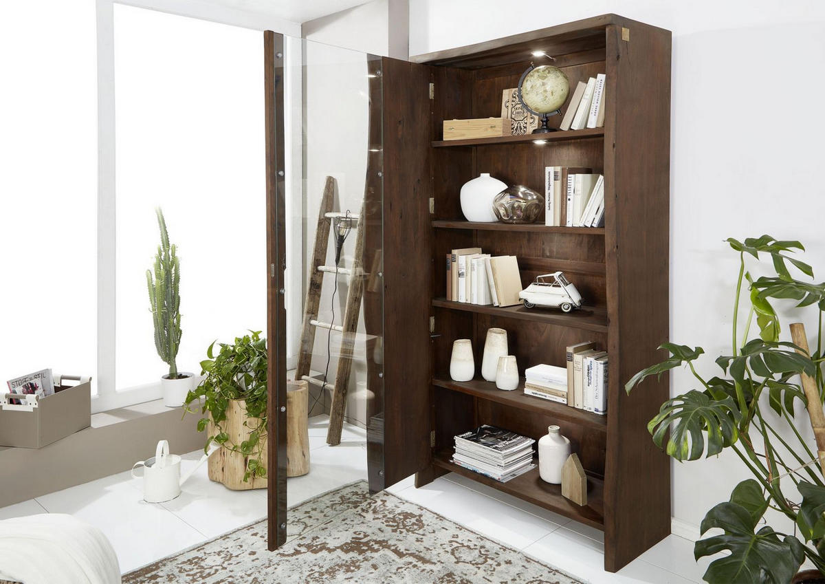 VITRINE Akazie 105x45x204 braun lackiert PURE ACACIA #811 - Braun, Holz (105/204/45cm) - Massivmoebel24